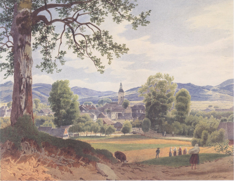 Hand-painted pastoral village view with church landscape oil painting on canvas
