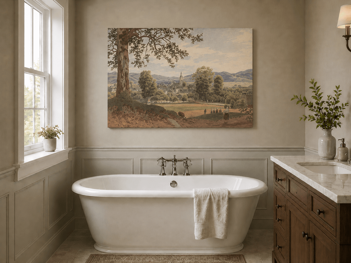 Peinture à l'huile de paysage - Gouffre rocheux spectaculaire avec personnages