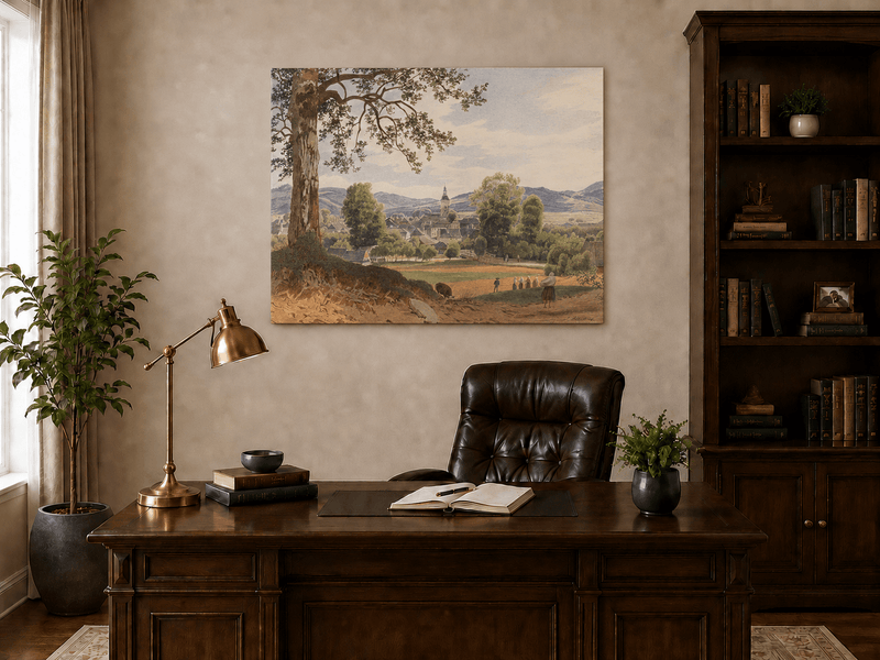 Peinture à l'huile de paysage - Gouffre rocheux spectaculaire avec personnages