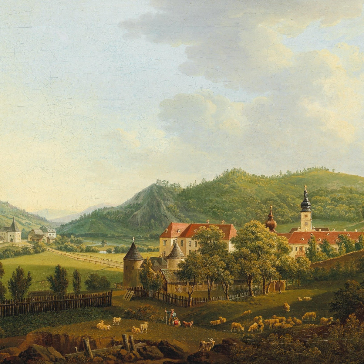 Hand-painted pastoral village with sheep and hills landscape oil painting on canvas