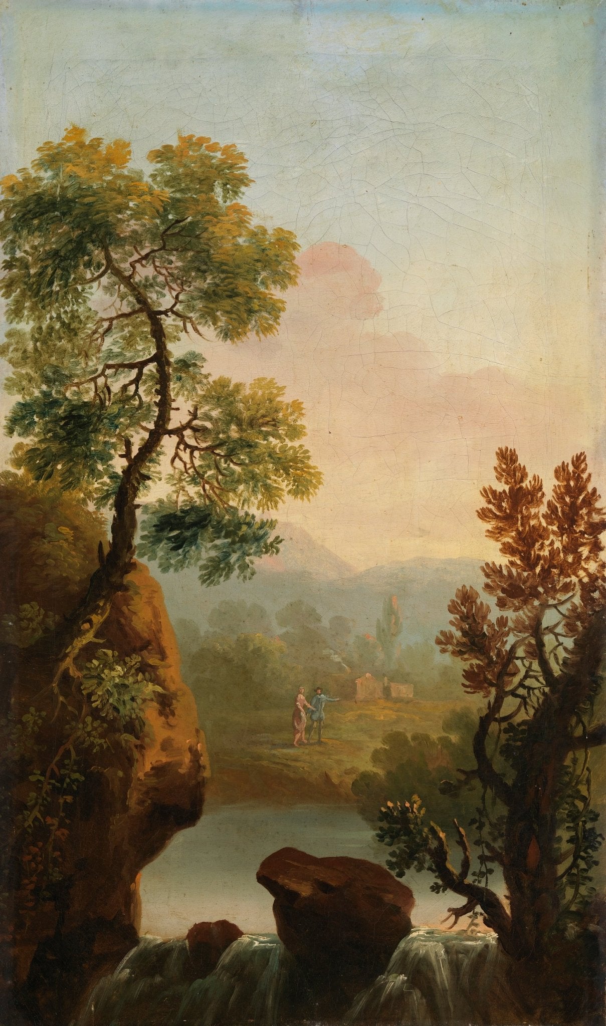 Hand-painted pastoral waterfall in a woodland vale landscape oil painting on canvas