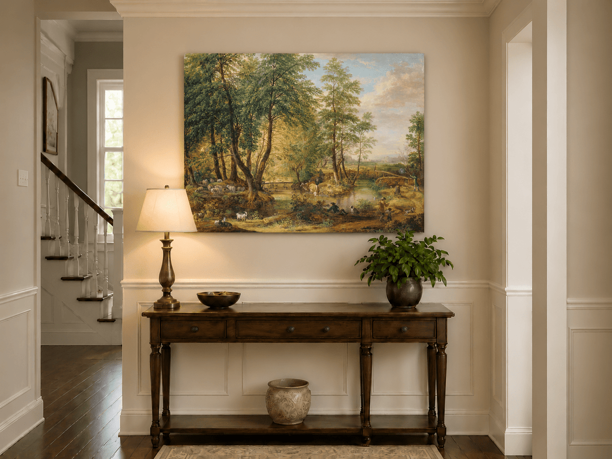 Landscape Oil Painting - Pastoral Woodland Stream with Sheep