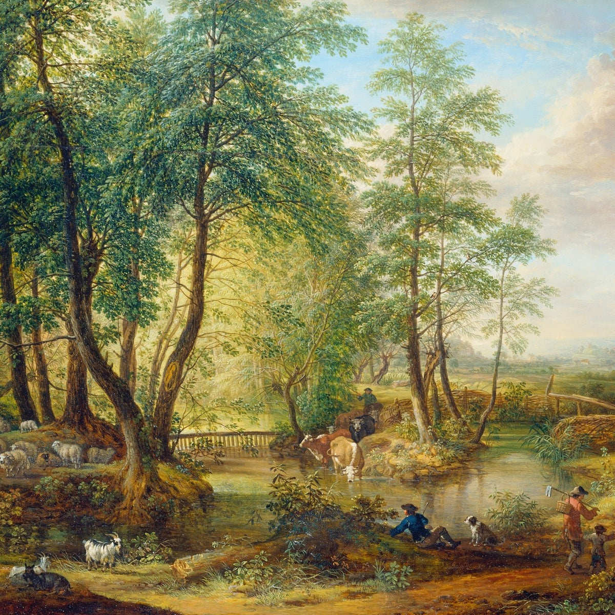 Hand-painted pastoral woodland stream with sheep landscape oil painting on canvas