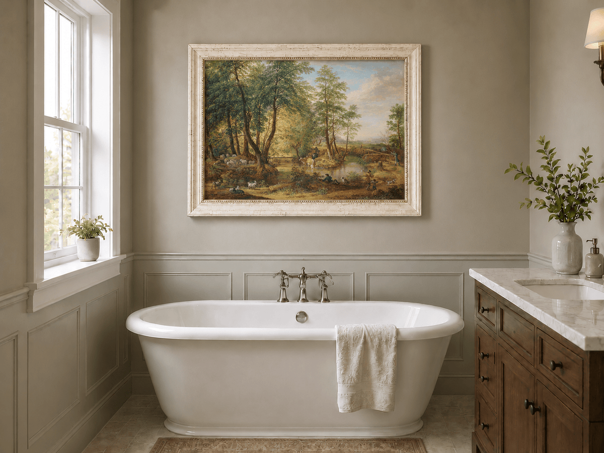 Landscape Oil Painting - Pastoral Woodland Stream with Sheep