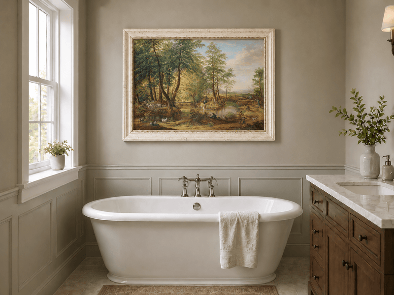 Landscape Oil Painting - Pastoral Woodland Stream with Sheep