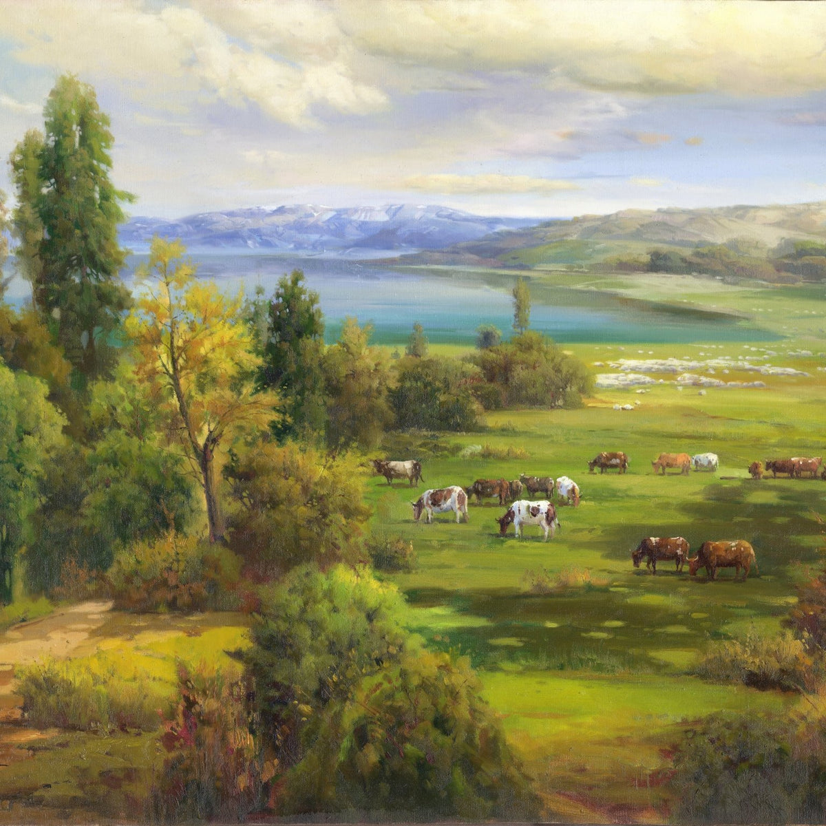 Landscape Oil Painting - Pasture with Cattle & Snow - Capped Mountains - Oil Painting Haven