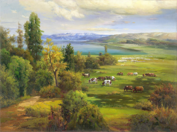 Landscape Oil Painting - Pasture with Cattle & Snow - Capped Mountains - Oil Painting Haven