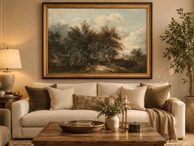 Peinture à l'huile de paysage - Chemin au bord d'une rivière avec personnages et arbres