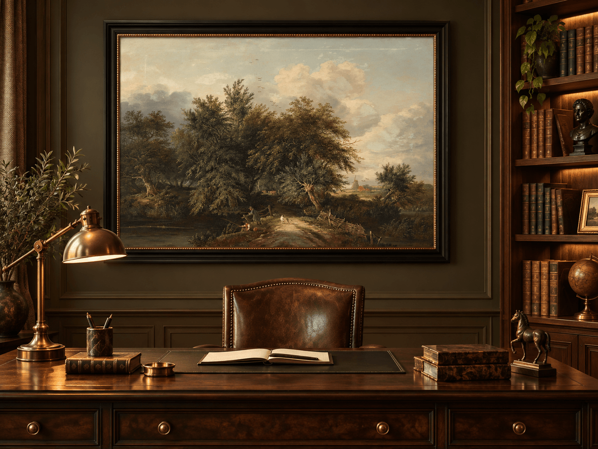 Peinture à l'huile de paysage - Chemin au bord d'une rivière avec personnages et arbres
