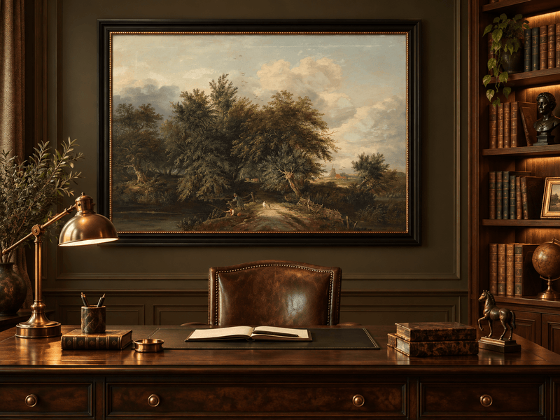 Peinture à l'huile de paysage - Chemin au bord d'une rivière avec personnages et arbres