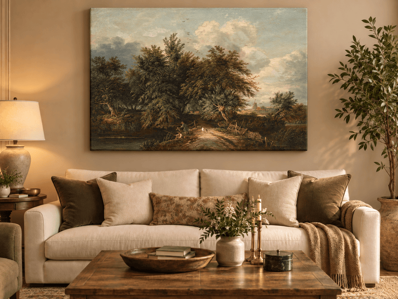 Peinture à l'huile de paysage - Chemin au bord d'une rivière avec personnages et arbres