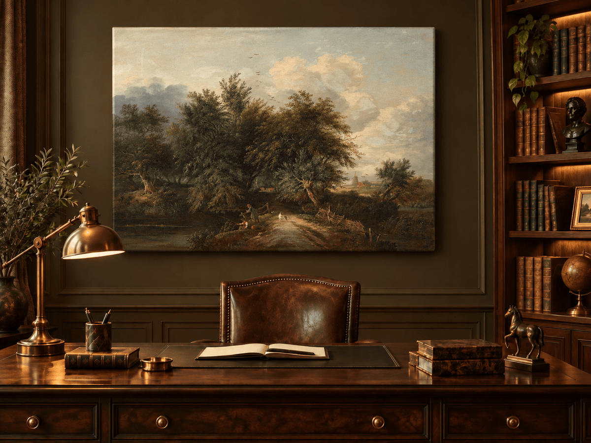 Peinture à l'huile de paysage - Chemin au bord d'une rivière avec personnages et arbres