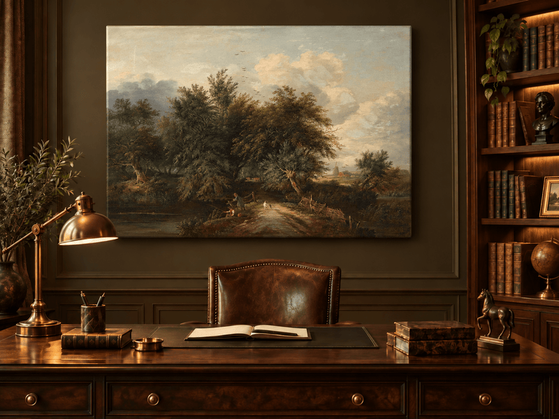Peinture à l'huile de paysage - Chemin au bord d'une rivière avec personnages et arbres