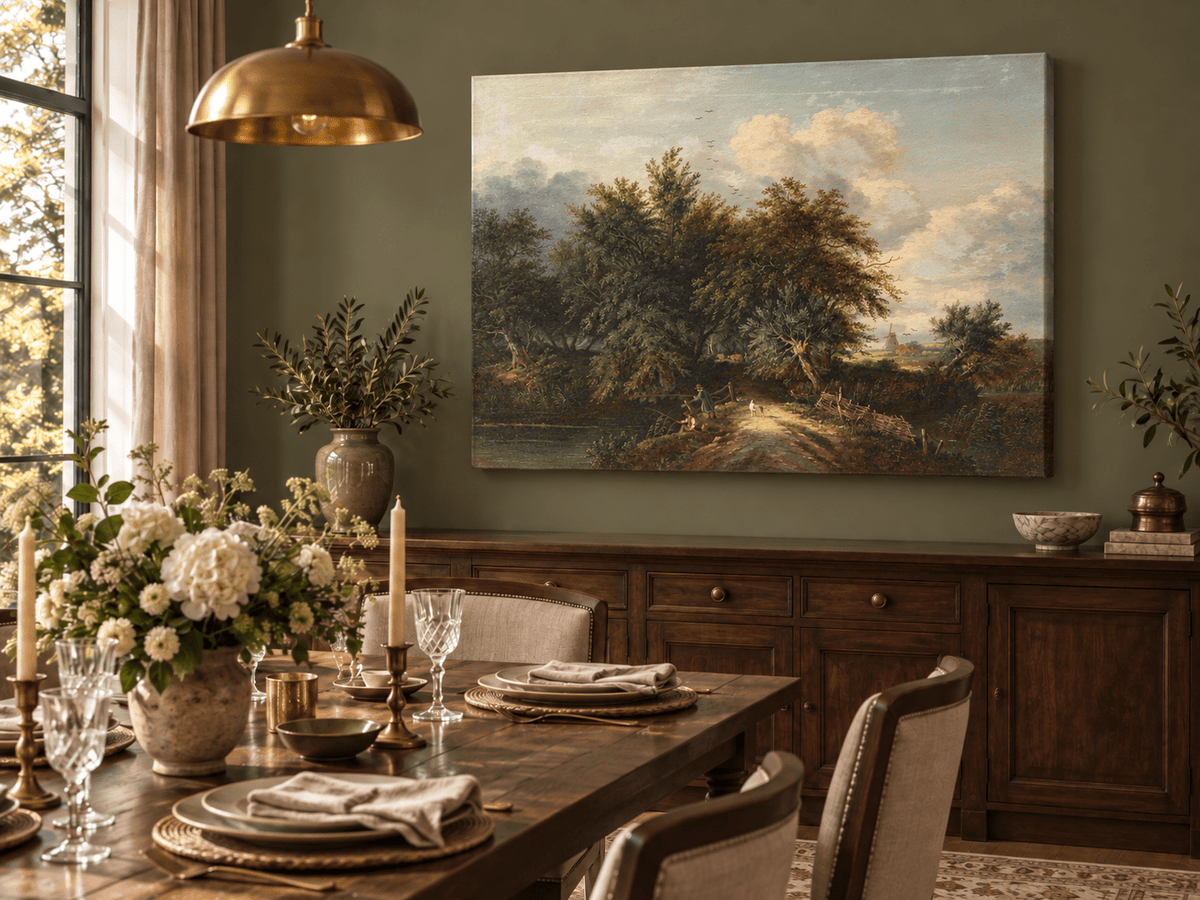 Peinture à l'huile de paysage - Chemin au bord d'une rivière avec personnages et arbres