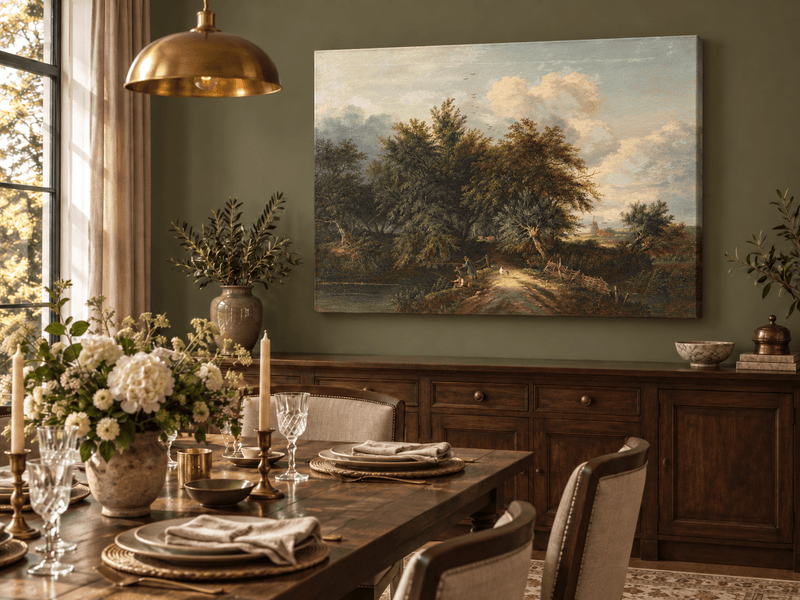 Peinture à l'huile de paysage - Chemin au bord d'une rivière avec personnages et arbres