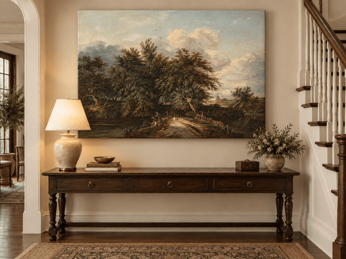 Peinture à l'huile de paysage - Chemin au bord d'une rivière avec personnages et arbres