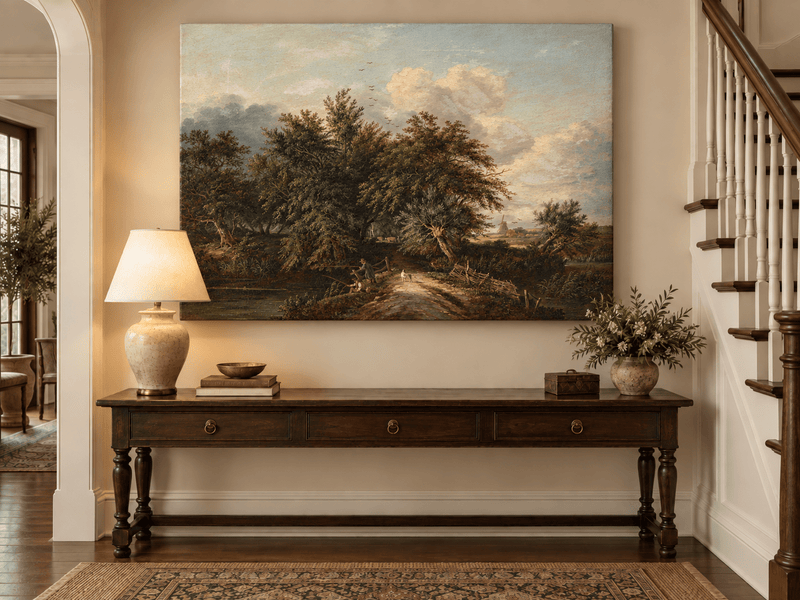 Peinture à l'huile de paysage - Chemin au bord d'une rivière avec personnages et arbres