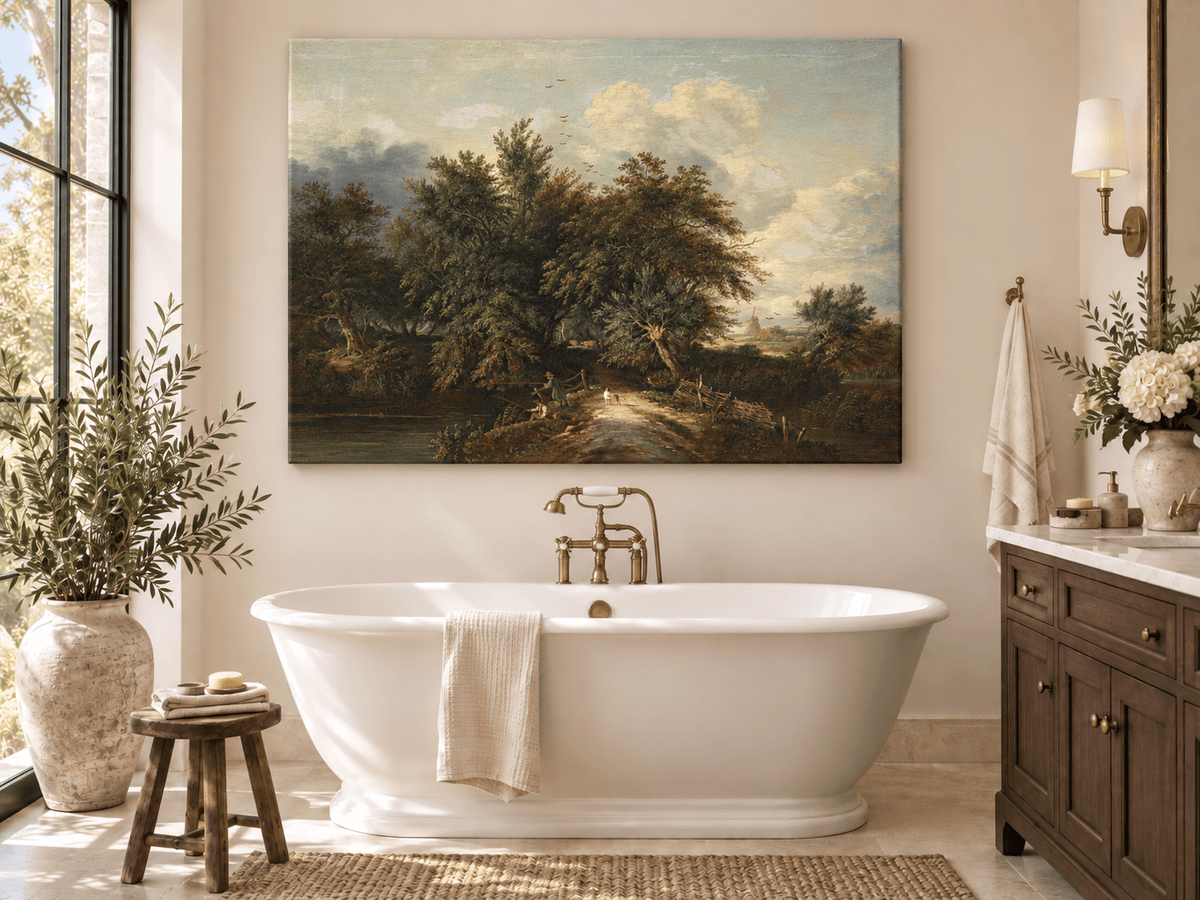 Peinture à l'huile de paysage - Chemin au bord d'une rivière avec personnages et arbres
