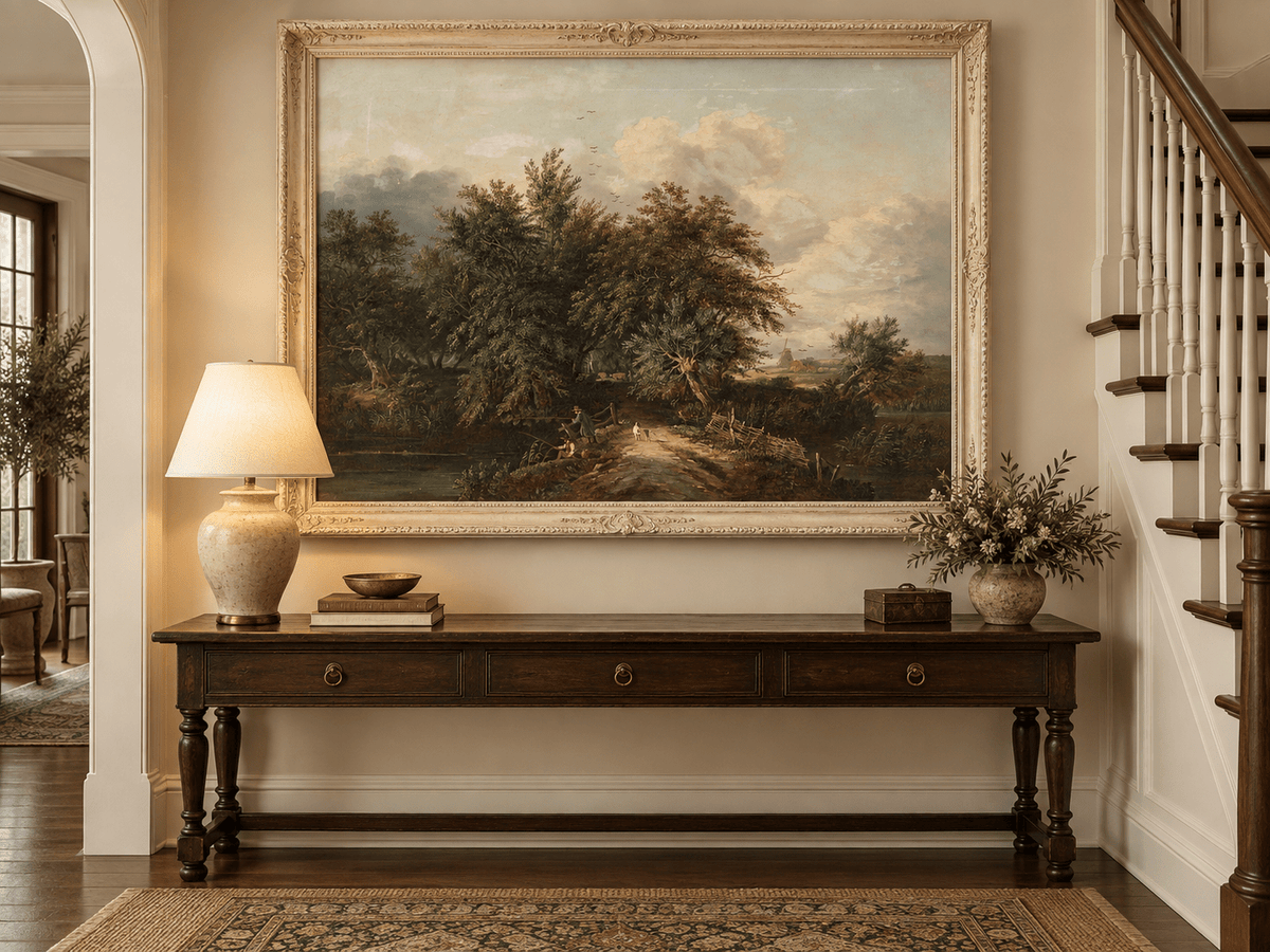 Peinture à l'huile de paysage - Chemin au bord d'une rivière avec personnages et arbres