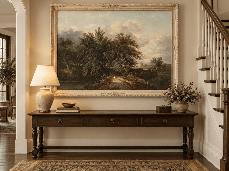 Peinture à l'huile de paysage - Chemin au bord d'une rivière avec personnages et arbres