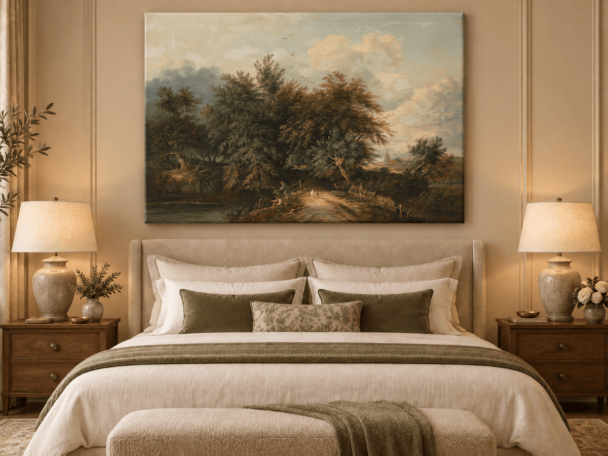 Peinture à l'huile de paysage - Chemin au bord d'une rivière avec personnages et arbres
