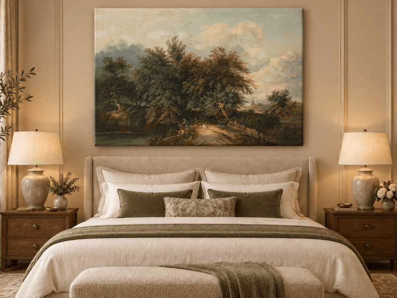 Peinture à l'huile de paysage - Chemin au bord d'une rivière avec personnages et arbres