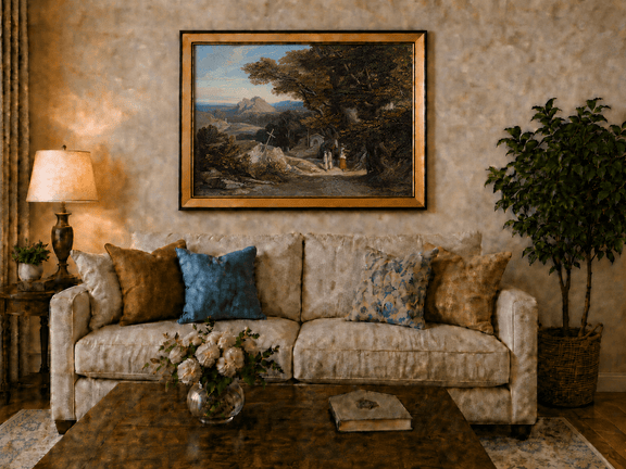 Hand-painted path with figures, cross and distant mountain peaks landscape oil painting displayed above a sofa in a living room interior.