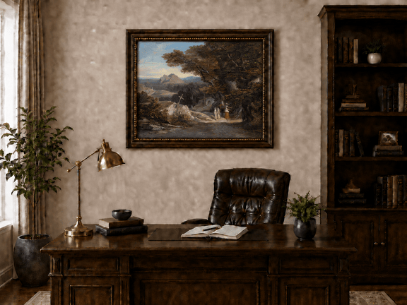 Hand-painted path with figures, cross and distant mountain peaks landscape oil painting displayed above a desk in a home office interior.