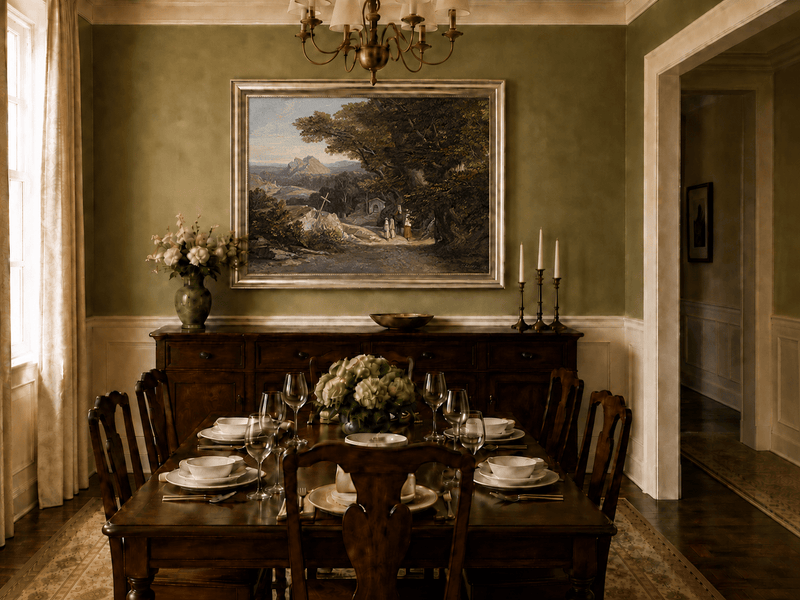 Hand-painted path with figures, cross and distant mountain peaks landscape oil painting displayed in a dining room interior.