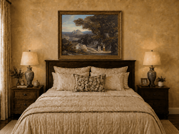 Hand-painted path with figures, cross and distant mountain peaks landscape oil painting displayed above a bed in a bedroom interior.