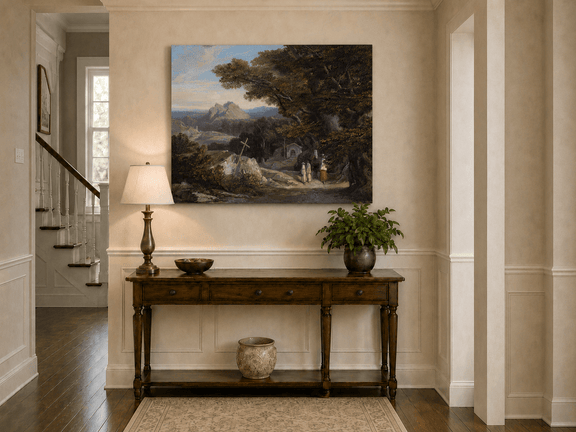 Hand-painted path with figures, cross and distant mountain peaks landscape oil painting displayed in a bathroom interior above a bathtub.
