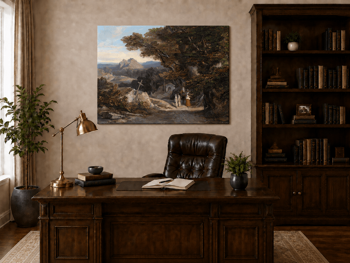 Hand-painted path with figures, cross and distant mountain peaks landscape oil painting displayed above a console table in a hallway interior.