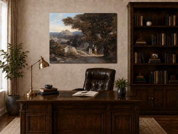 Hand-painted path with figures, cross and distant mountain peaks landscape oil painting displayed above a console table in a hallway interior.