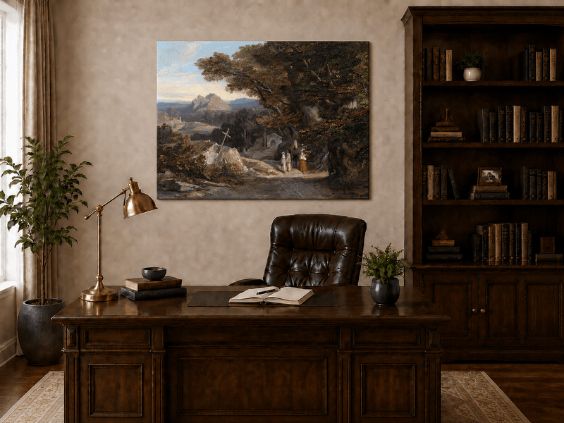 Hand-painted path with figures, cross and distant mountain peaks landscape oil painting displayed above a console table in a hallway interior.