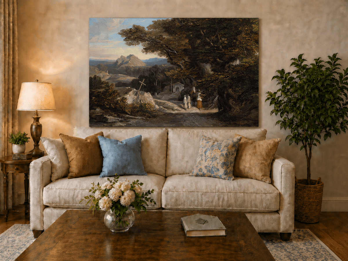 Hand-painted path with figures, cross and distant mountain peaks landscape oil painting displayed in a dining room interior.