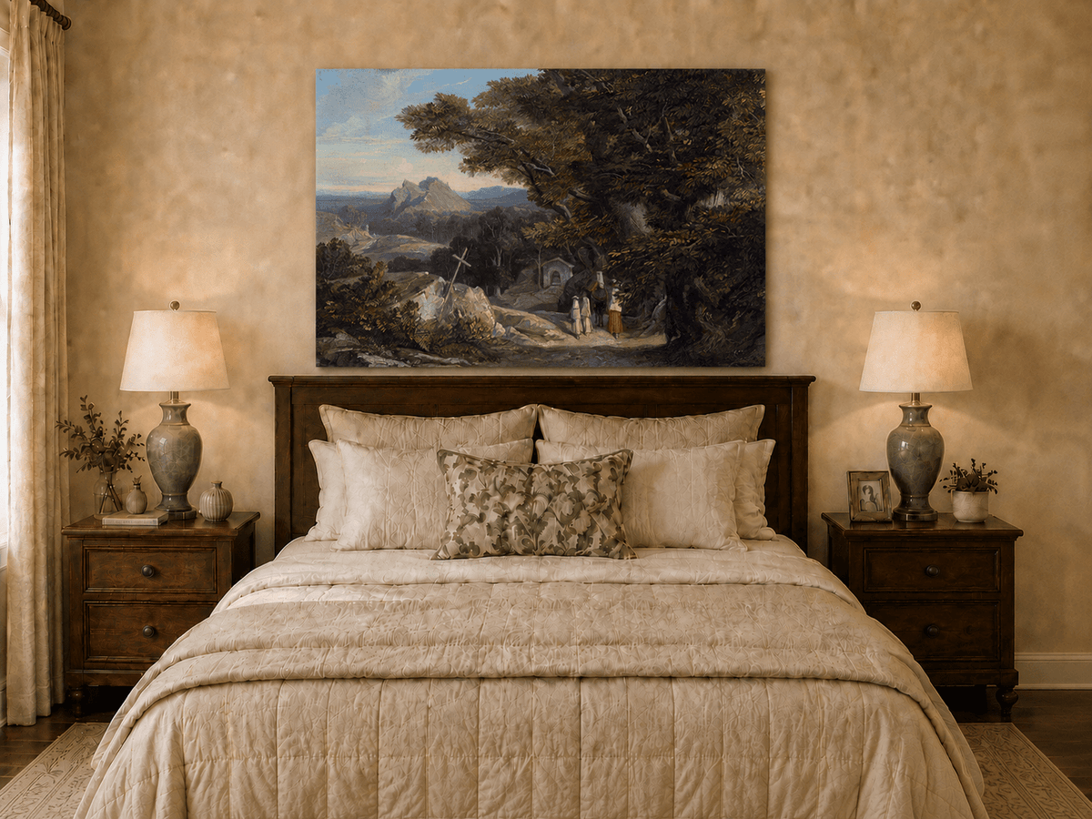 Hand-painted path with figures, cross and distant mountain peaks landscape oil painting displayed above a desk in a home office interior.