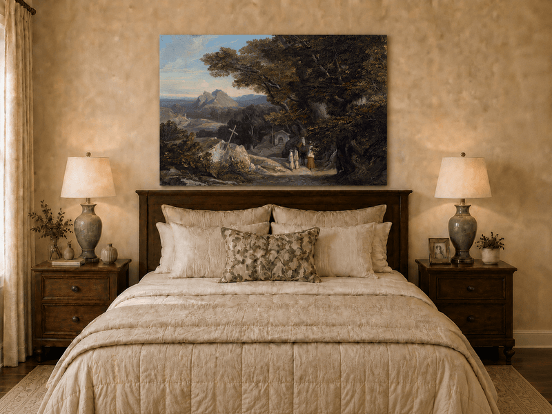 Hand-painted path with figures, cross and distant mountain peaks landscape oil painting displayed above a desk in a home office interior.