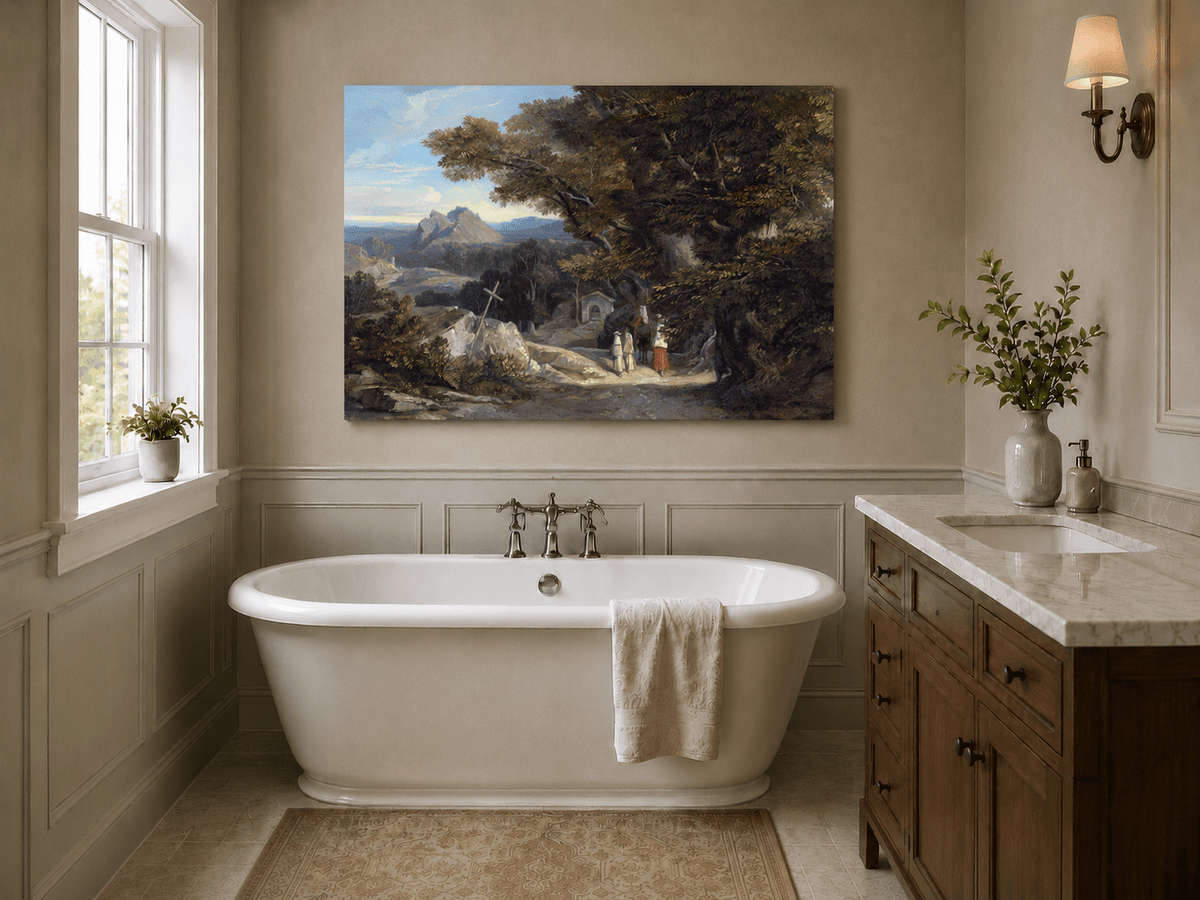 Hand-painted path with figures, cross and distant mountain peaks landscape oil painting displayed above a bed in a bedroom interior.