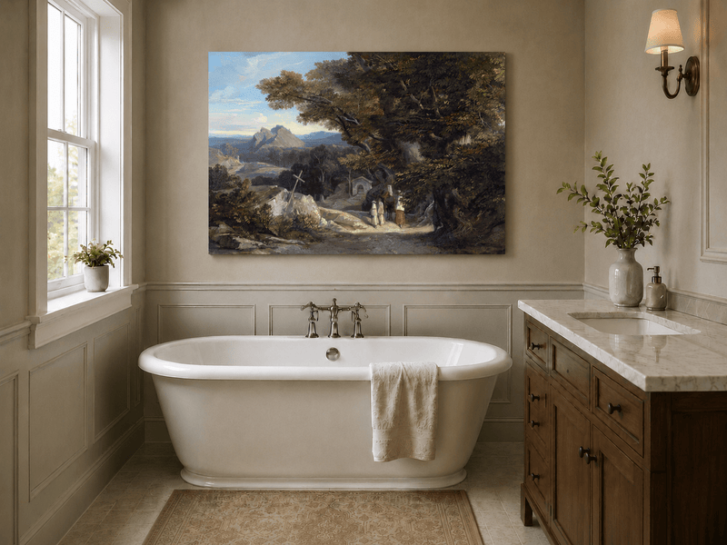 Hand-painted path with figures, cross and distant mountain peaks landscape oil painting displayed above a bed in a bedroom interior.