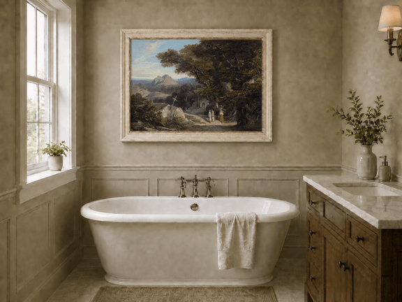 Hand-painted path with figures, cross and distant mountain peaks landscape oil painting displayed in a bathroom interior above a bathtub.