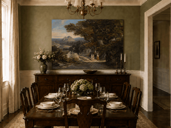Hand-painted path with figures, cross and distant mountain peaks landscape oil painting displayed above a sofa in a living room interior.