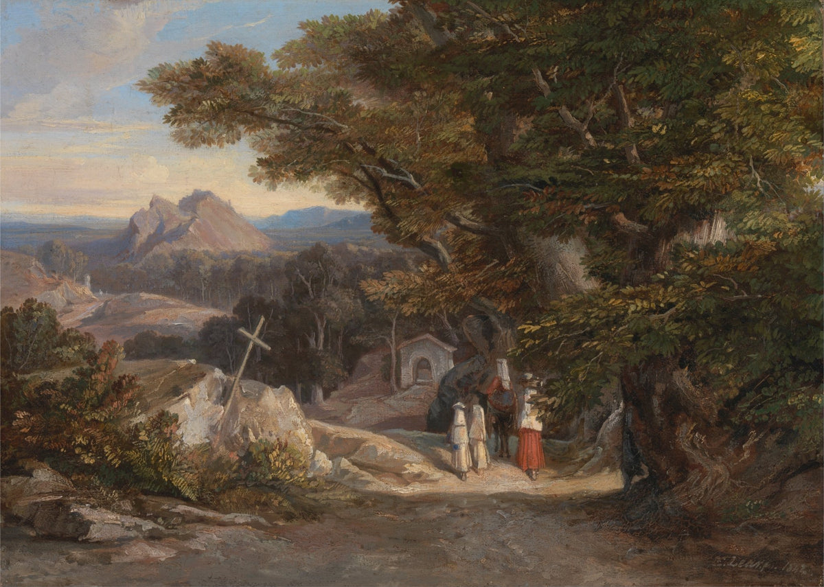 Landscape Oil Painting - Path, Figures, Cross & Distant Mountain