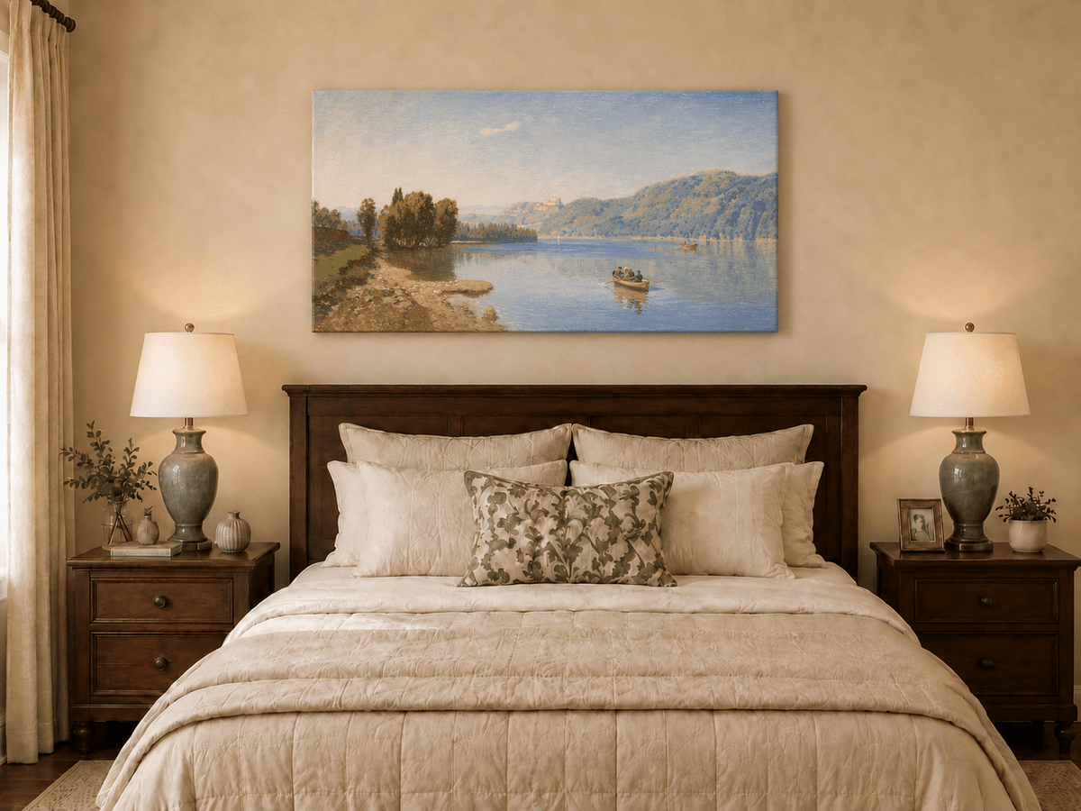 Landscape Oil Painting - Peaceful Lakeside Rowing | Hand-Painted