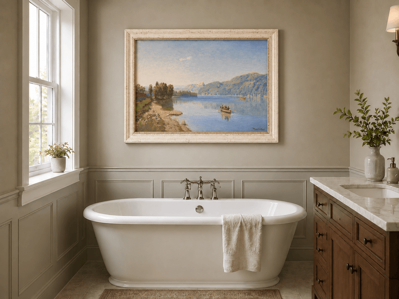 Landscape Oil Painting - Peaceful Lakeside Rowing | Hand-Painted