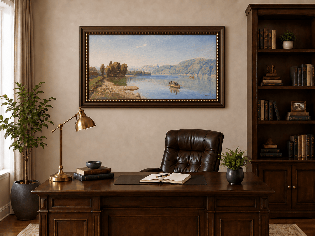 Landscape Oil Painting - Peaceful Lakeside Rowing | Hand-Painted