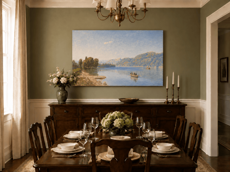 Landscape Oil Painting - Peaceful Lakeside Rowing | Hand-Painted