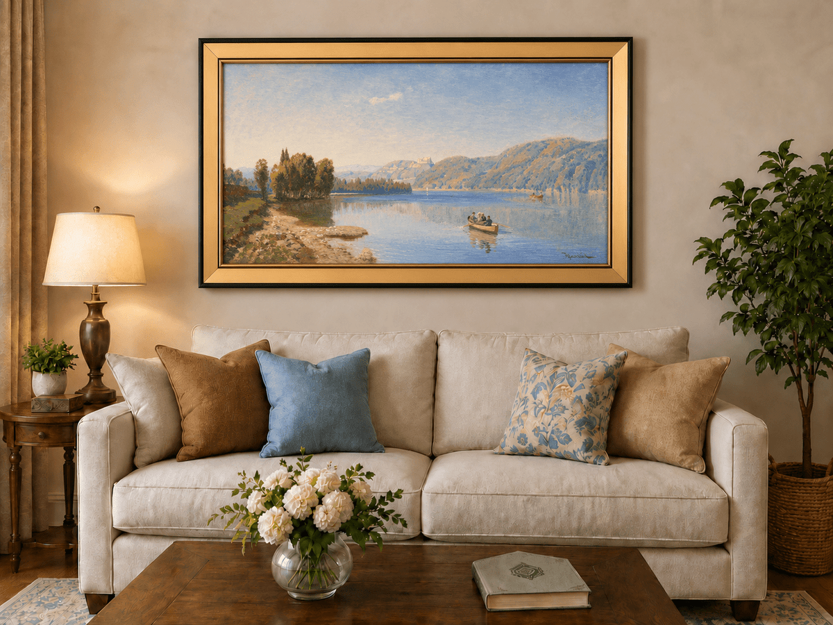 Landscape Oil Painting - Peaceful Lakeside Rowing | Hand-Painted