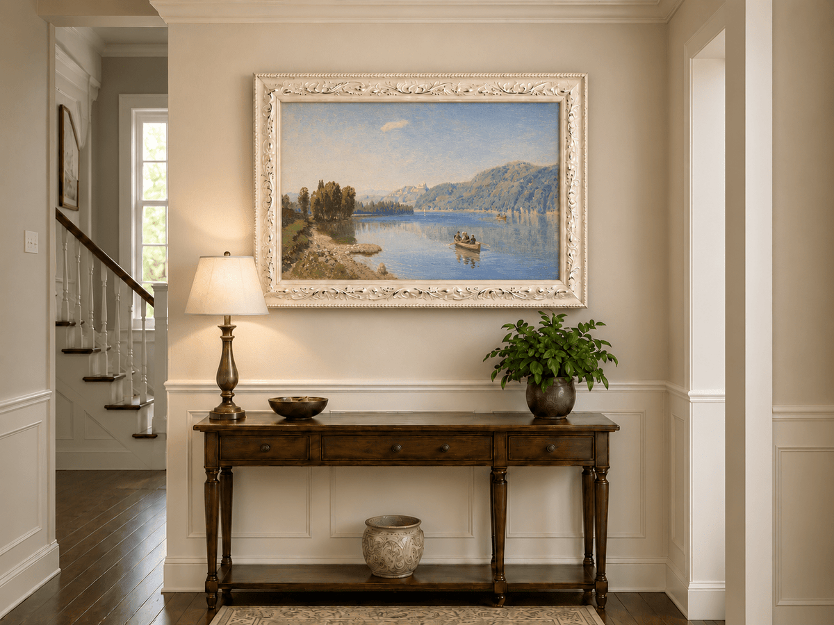 Landscape Oil Painting - Peaceful Lakeside Rowing | Hand-Painted