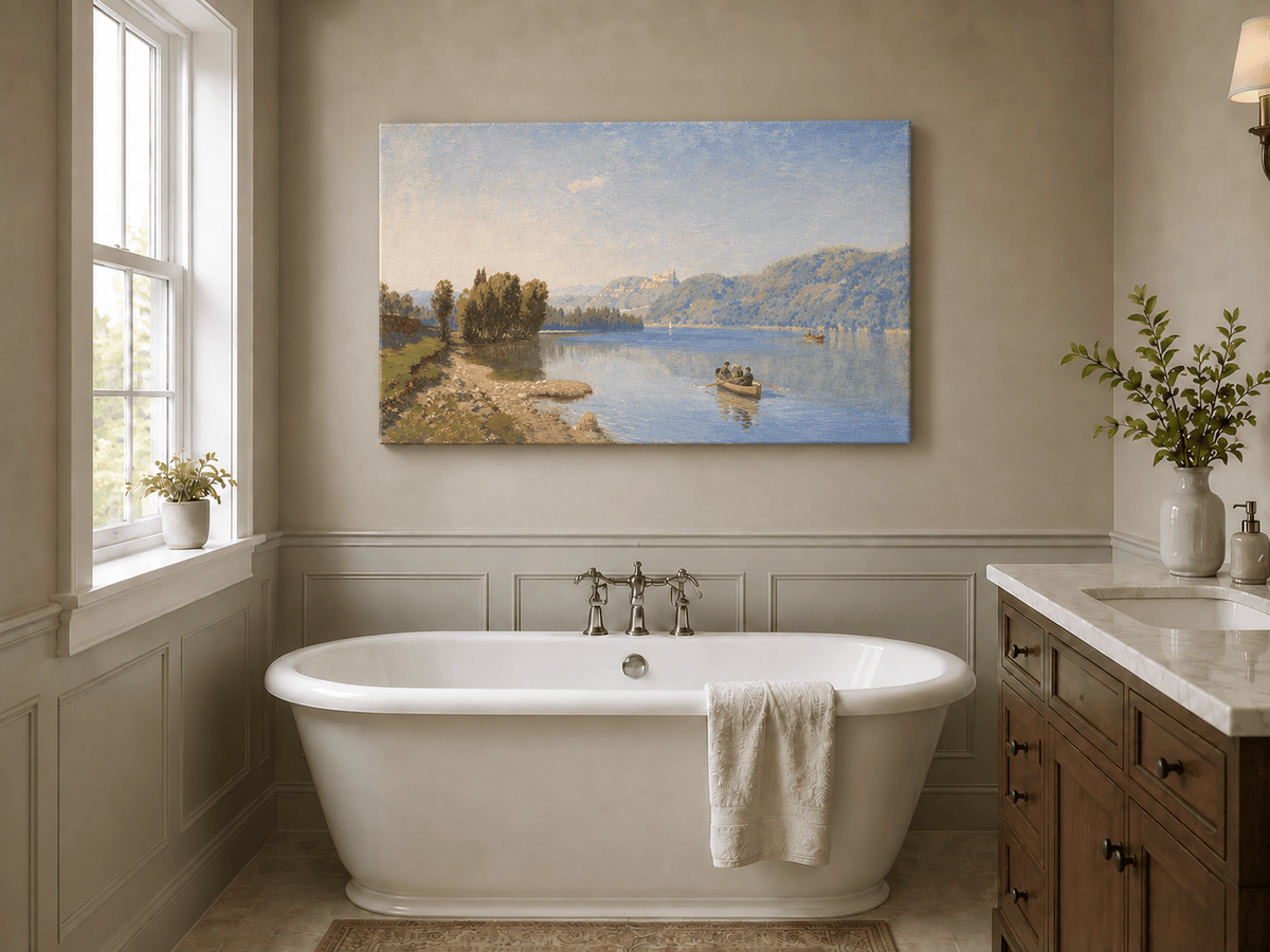 Landscape Oil Painting - Peaceful Lakeside Rowing | Hand-Painted