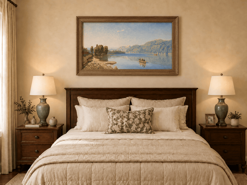 Landscape Oil Painting - Peaceful Lakeside Rowing | Hand-Painted